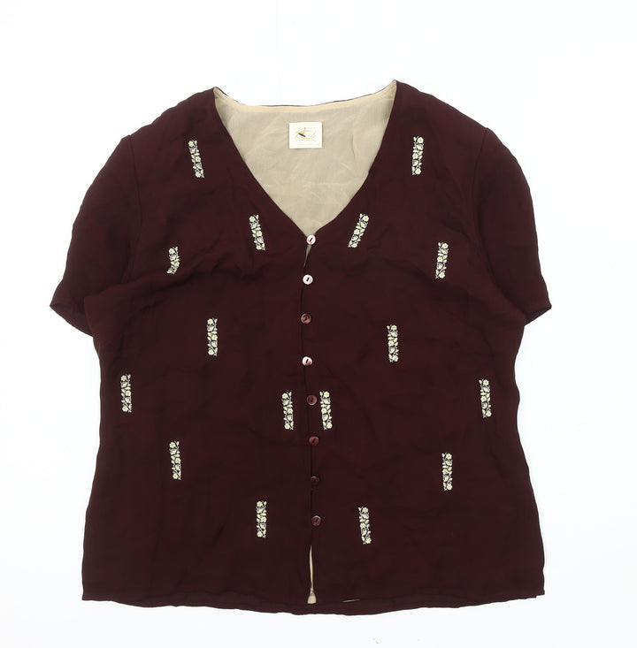 Country Casuals Women's Red Silk Embroidered Blouse - Size 14