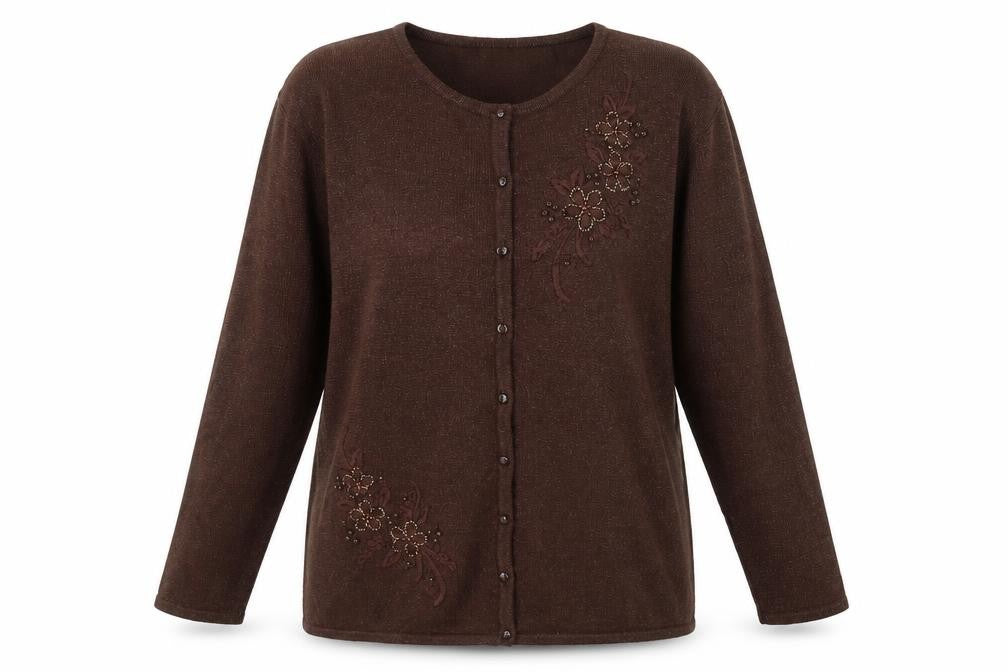 Front view of Casamia Women's Brown M Cardigan, Embroidered