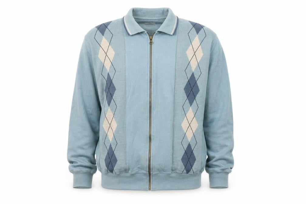 Front view of Damart Men's Blue Argyle Full Zip Sweatshirt M