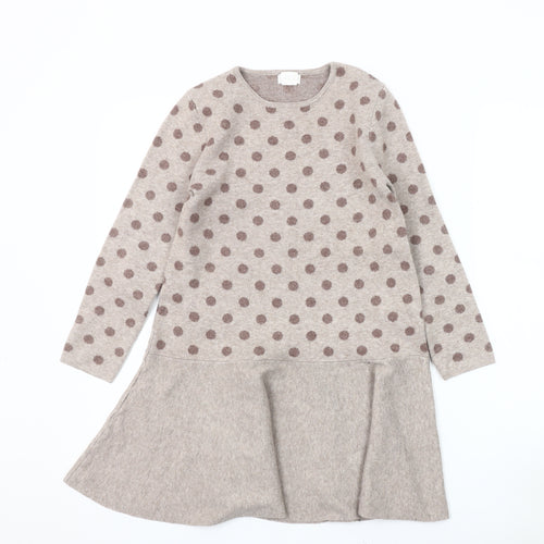 MNG Girls Beige Polka Dot Long Sleeve Dress, Size 10