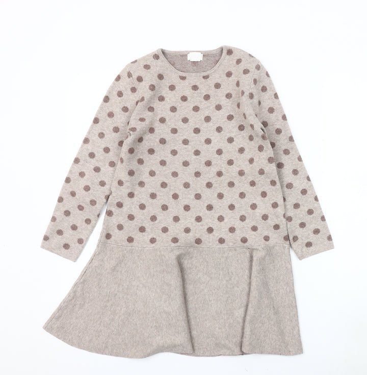 MNG Girls Beige Polka Dot Long Sleeve Dress, Size 10
