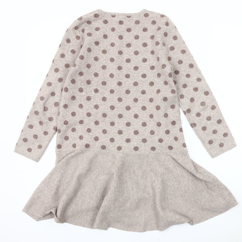 MNG Girls Beige Polka Dot Long Sleeve Dress, Size 10