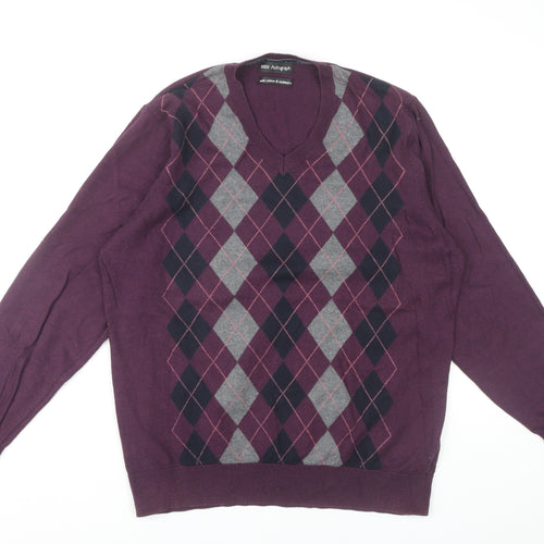Marks and Spencer Men's Purple Argyle V-Neck Jumper L