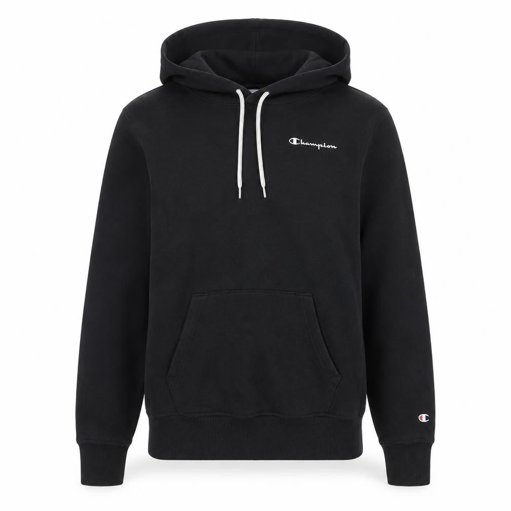 Front view of Champion unisex black hoodie l pullover casual gym