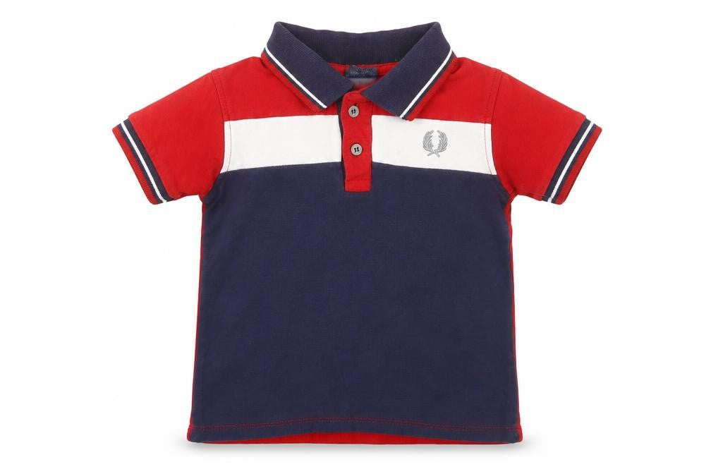 Front view of Fred Perry boys’ red blue polo shirt, colourblock style, size 5