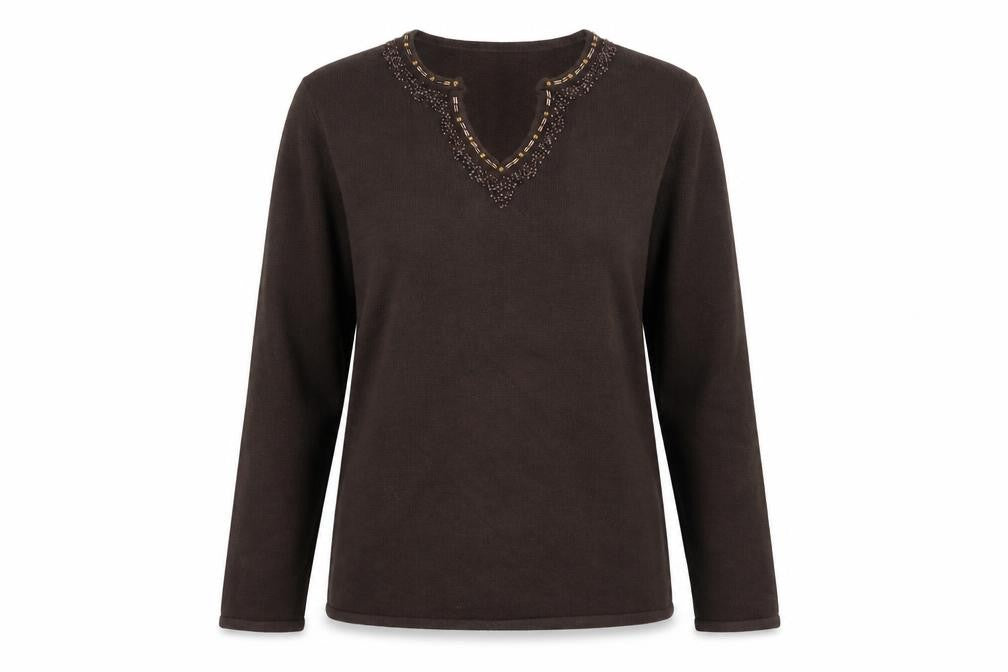 Front view of Style by EWM Women's Brown Beaded Jumper, M