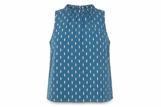 Front view of Principles Petite Blue Geometric Blouse, size 14, Sleeveless