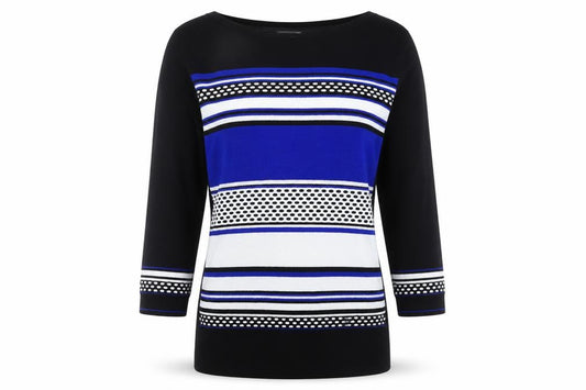 Front view of Principles Petite Black Blue Striped Tunic