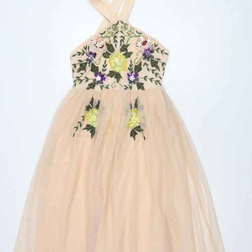 ASOS Women's Beige A-Line Midi Dress, Size 8, Embroidered