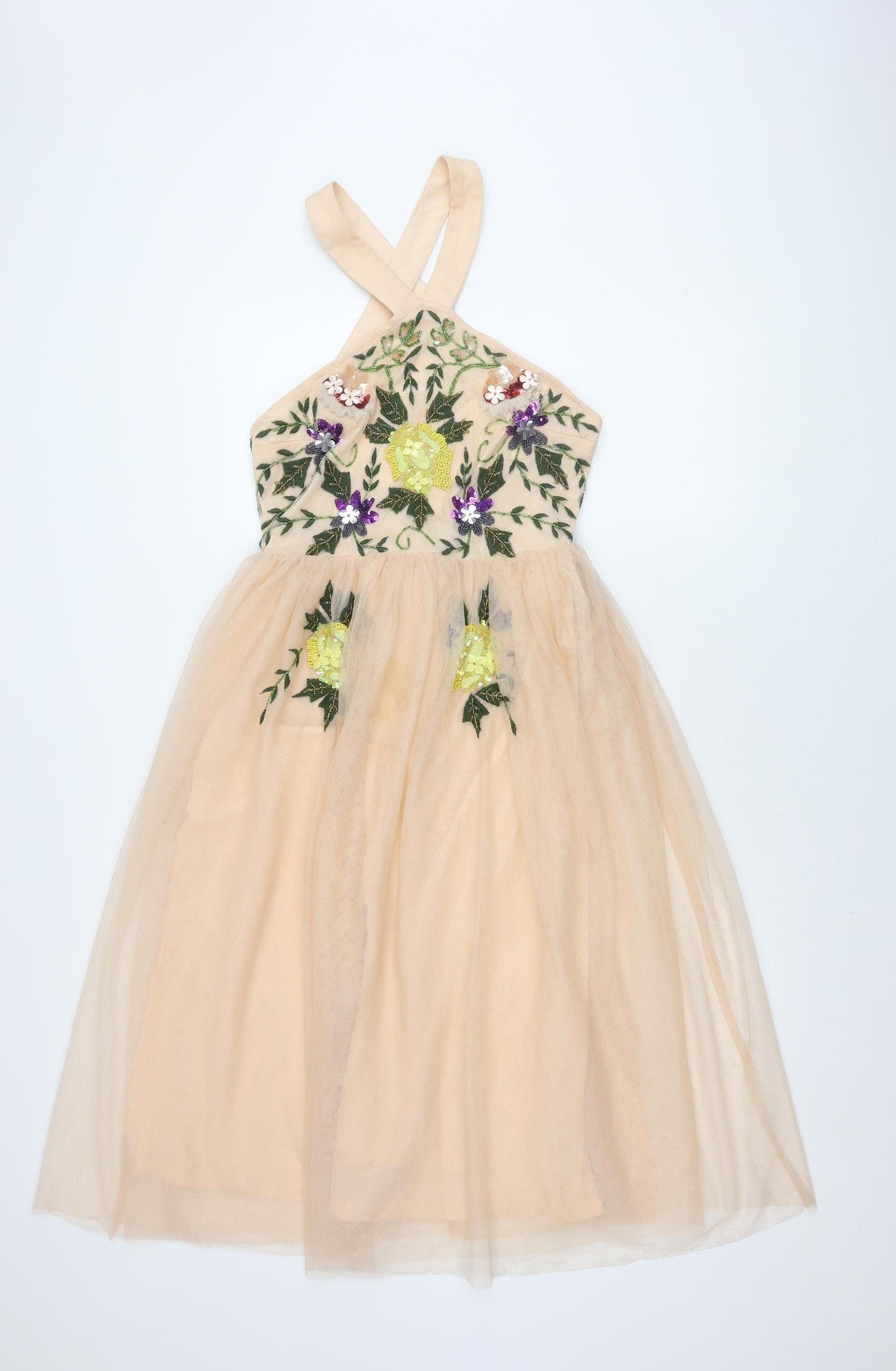 ASOS Women's Beige A-Line Midi Dress, Size 8, Embroidered