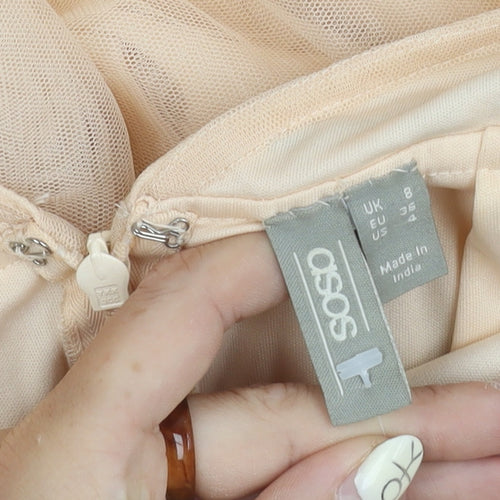 ASOS Women's Beige A-Line Midi Dress, Size 8, Embroidered