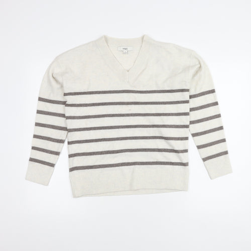 Marks and Spencer Women’s White Striped V-Neck Pullover Jumper