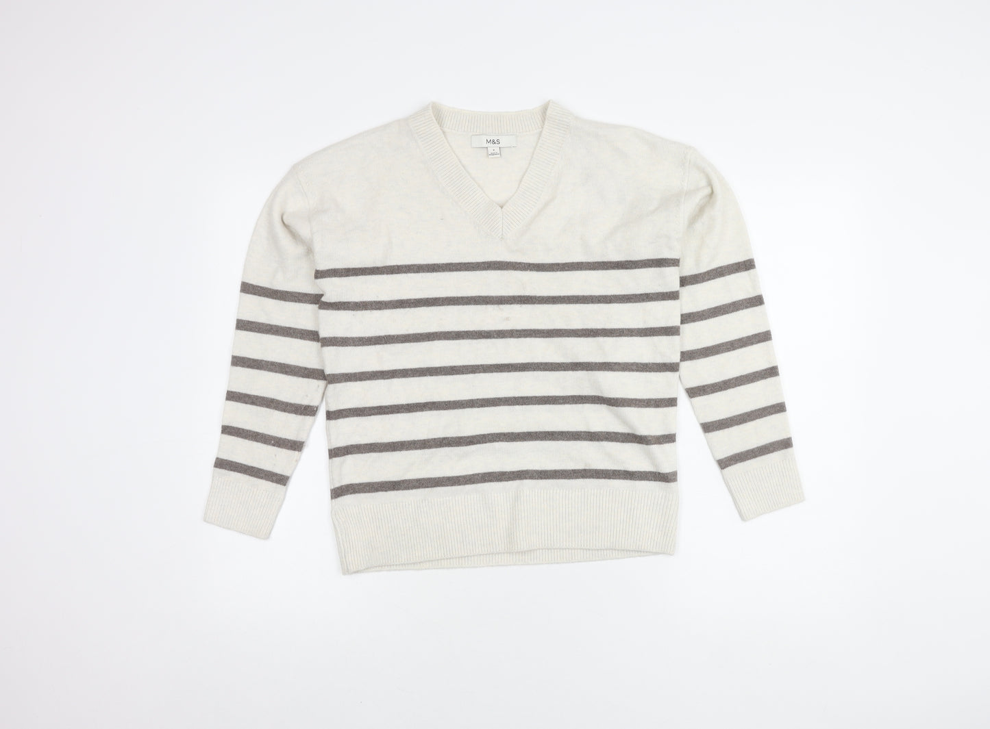 Marks and Spencer Women’s White Striped V-Neck Pullover Jumper