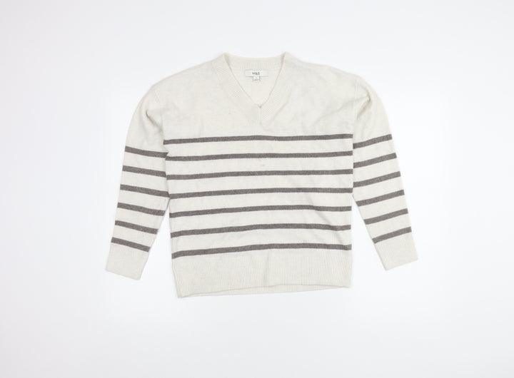 Marks and Spencer Women’s White Striped V-Neck Pullover Jumper