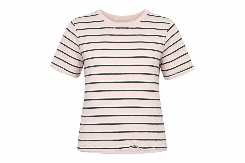 Front view of Mango Basics Women's Pink Striped T-Shirt, size 8