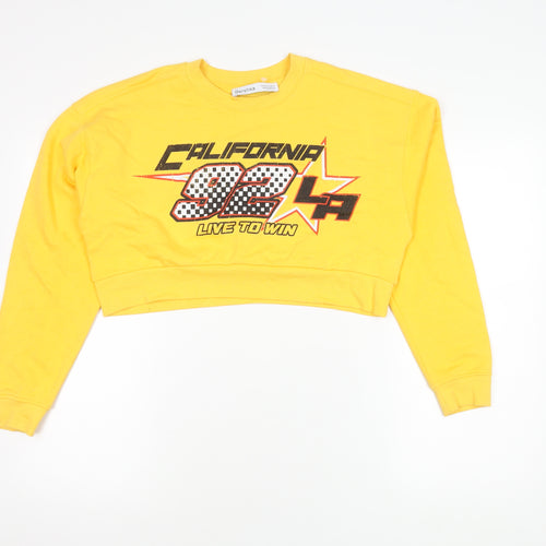 Bershka Yellow Graphic Print Pullover Sweatshirt, Women