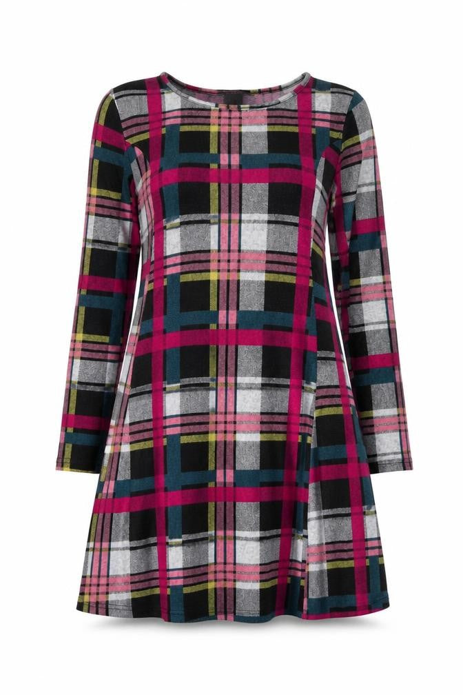 Front view of Mitzy Women's Multicoloured Plaid Knit Dress L