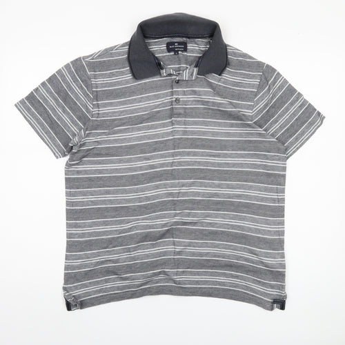Marks and Spencer Men's Grey Striped Polo, Size M, Regular Fit