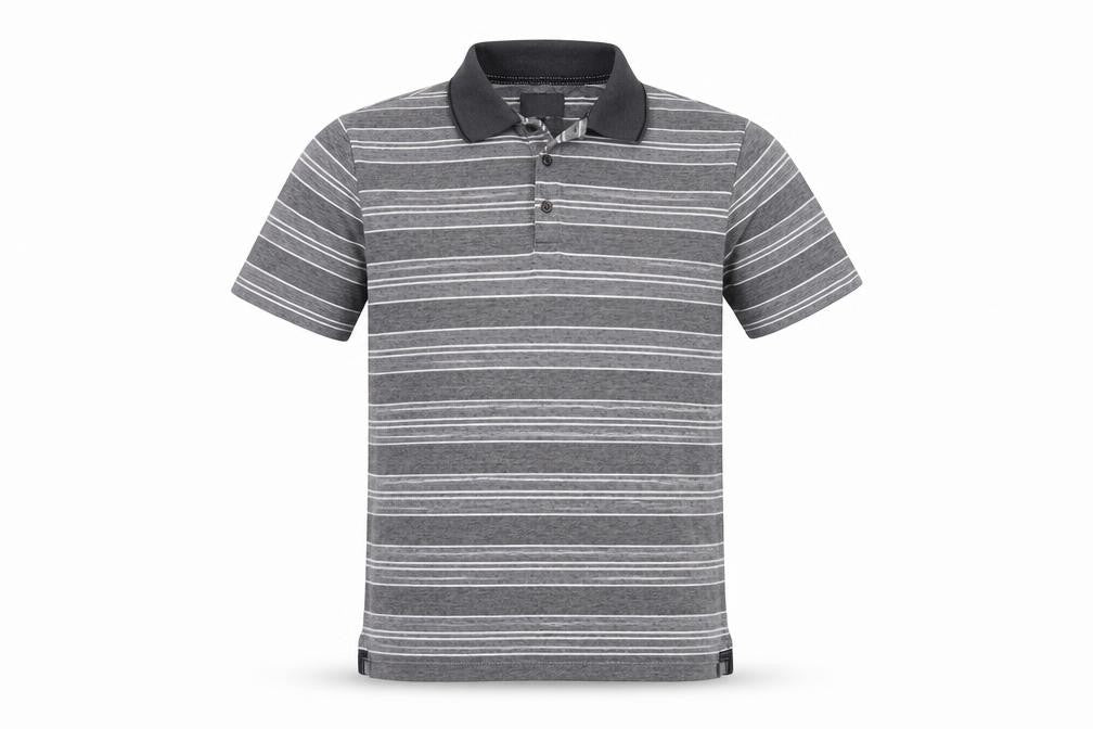 Front view of Marks & Spencer Men's Grey Striped Polo, size M, Regular Fit