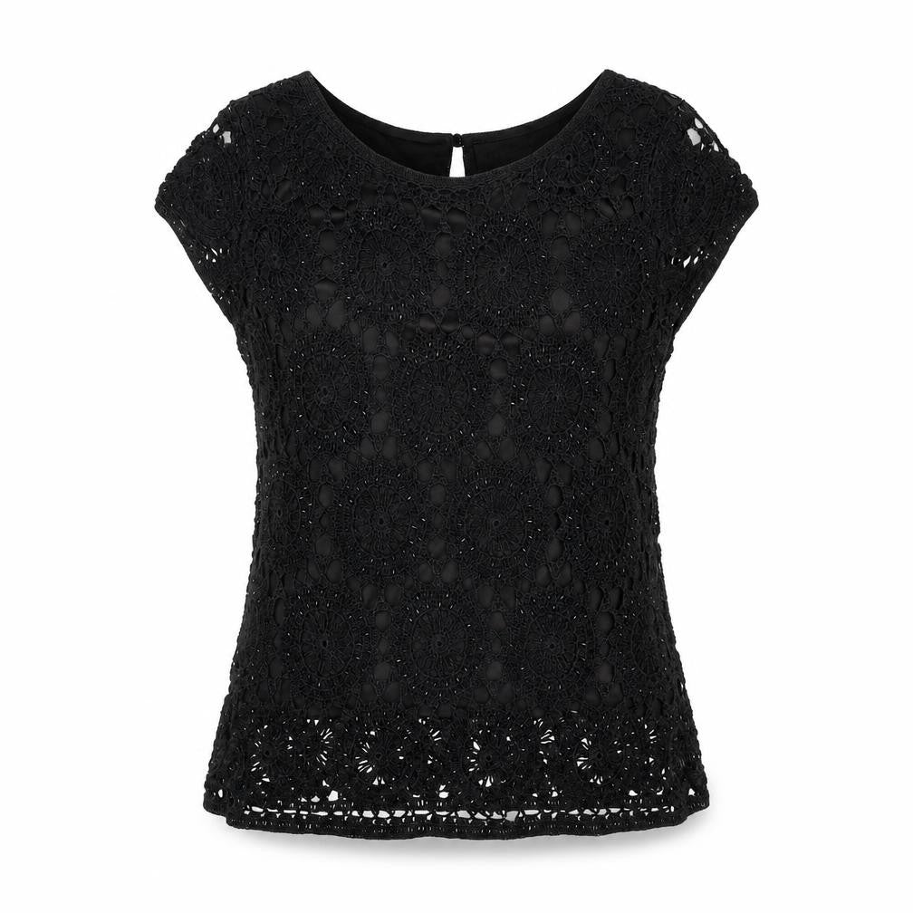Front view of Wallis Black Women's Crochet Blouse - L, Casual Short Sleeve