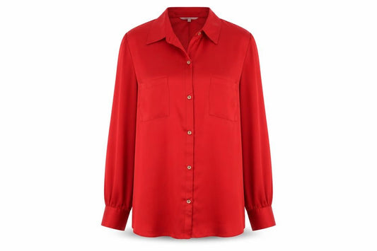 Front view of Debenhams Women's Red Shirt, size 16, Collared, Long Sleeve