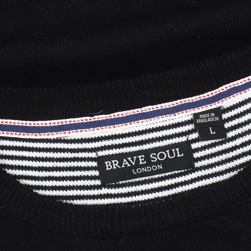 Brave Soul Men's Black Acrylic Crew Neck Jumper