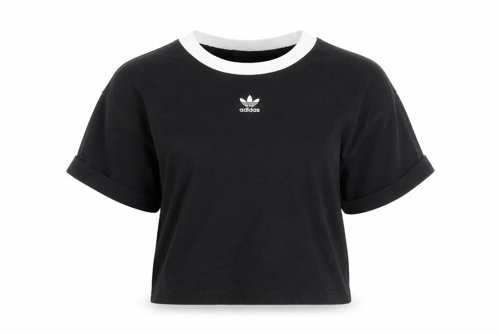 Front view of Adidas Women's Black Ringer T-Shirt, size 8