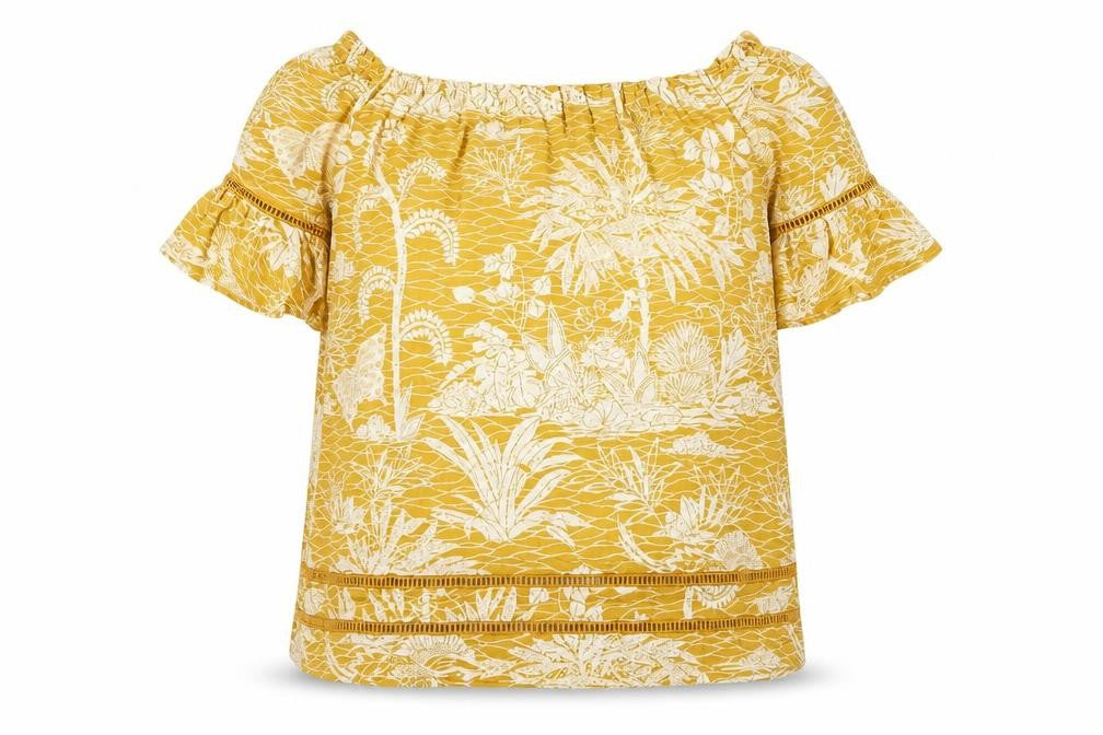 Front view of Next Women's Yellow Off Shoulder Floral Top, size 14