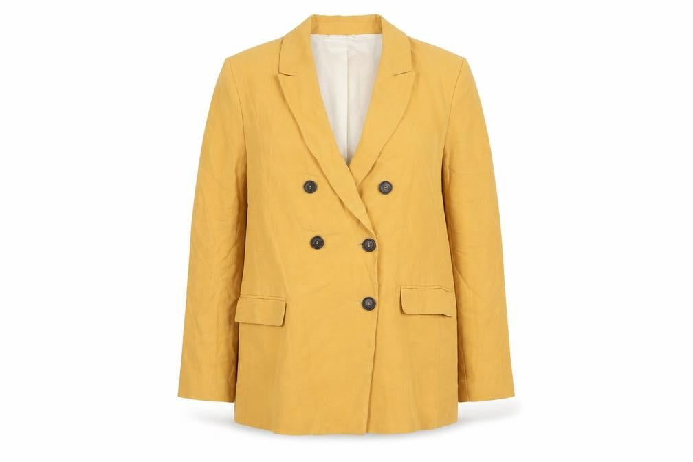 Front view of Zara Women's Yellow Blazer, size 12, Double Breasted