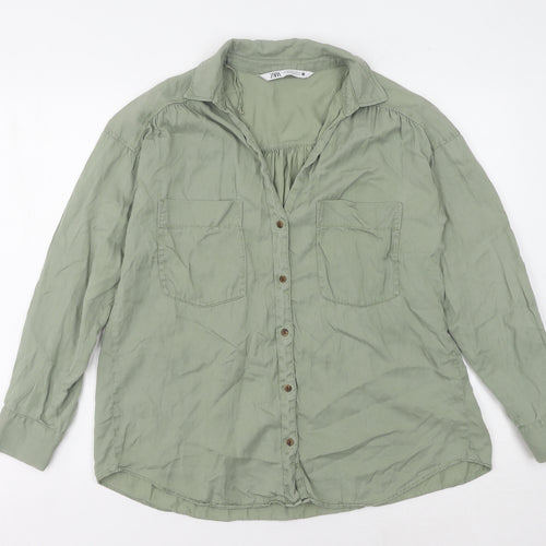Zara Women's Green Cotton Button-Up Shirt Size 6