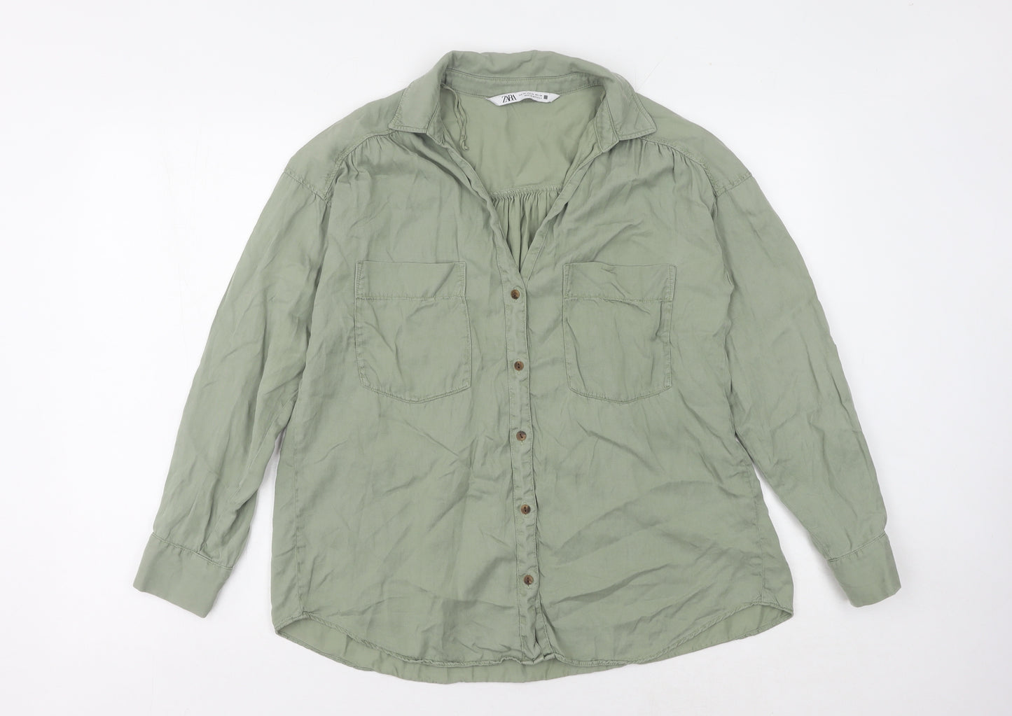 Zara Women's Green Cotton Button-Up Shirt Size 6