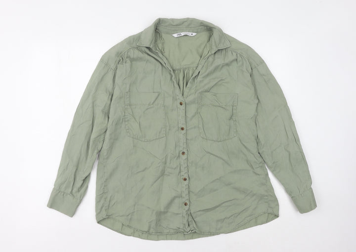Zara Women's Green Cotton Button-Up Shirt Size 6