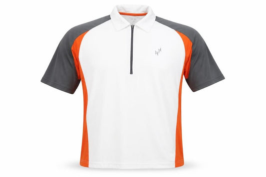 Front view of SHAMP Men's Polo Shirt, Large, White/Orange/Grey