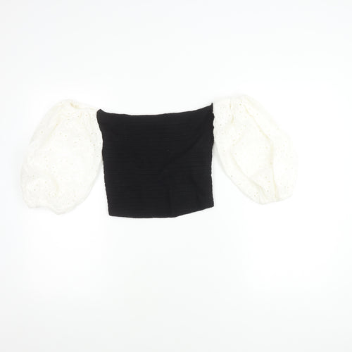 Zara Women's Black Cropped Top with Puff Sleeves - M
