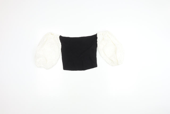 Zara Women's Black Cropped Top with Puff Sleeves - M