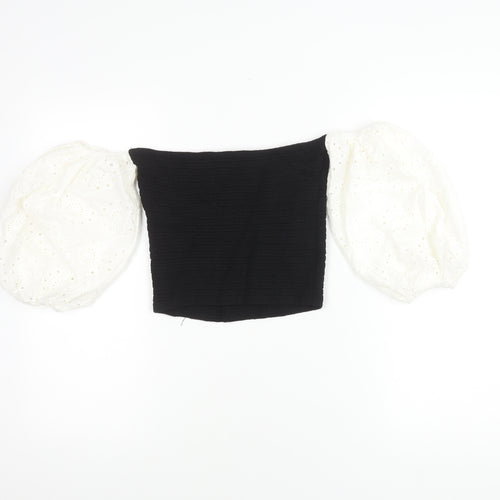 Zara Women's Black Cropped Top with Puff Sleeves - M