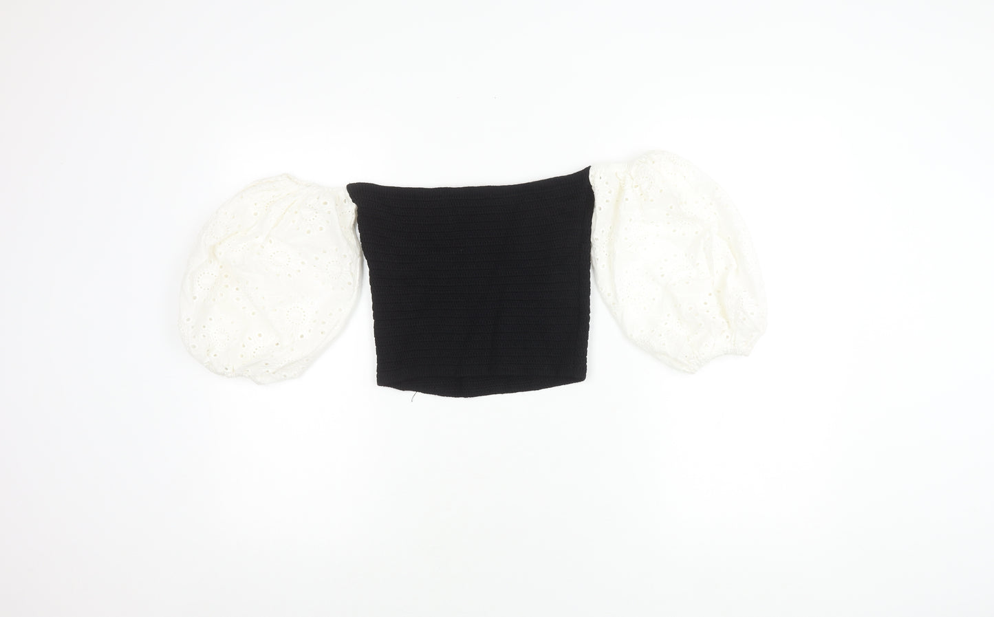 Zara Women's Black Cropped Top with Puff Sleeves - M