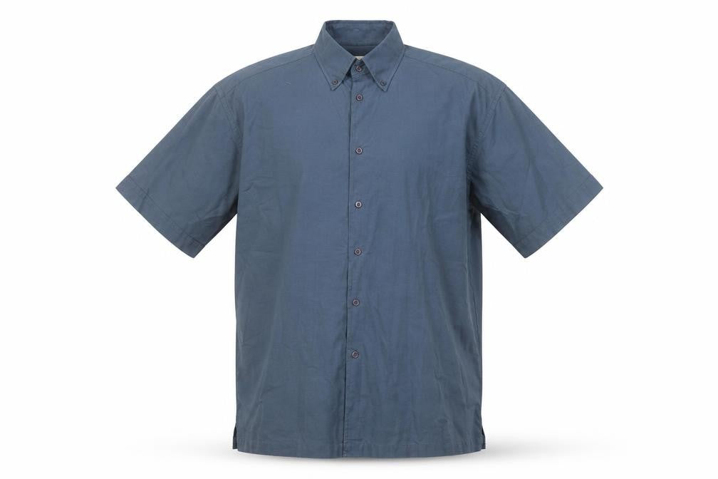 Front view of EWM Men's Blue Short Sleeve Button-Up Shirt L