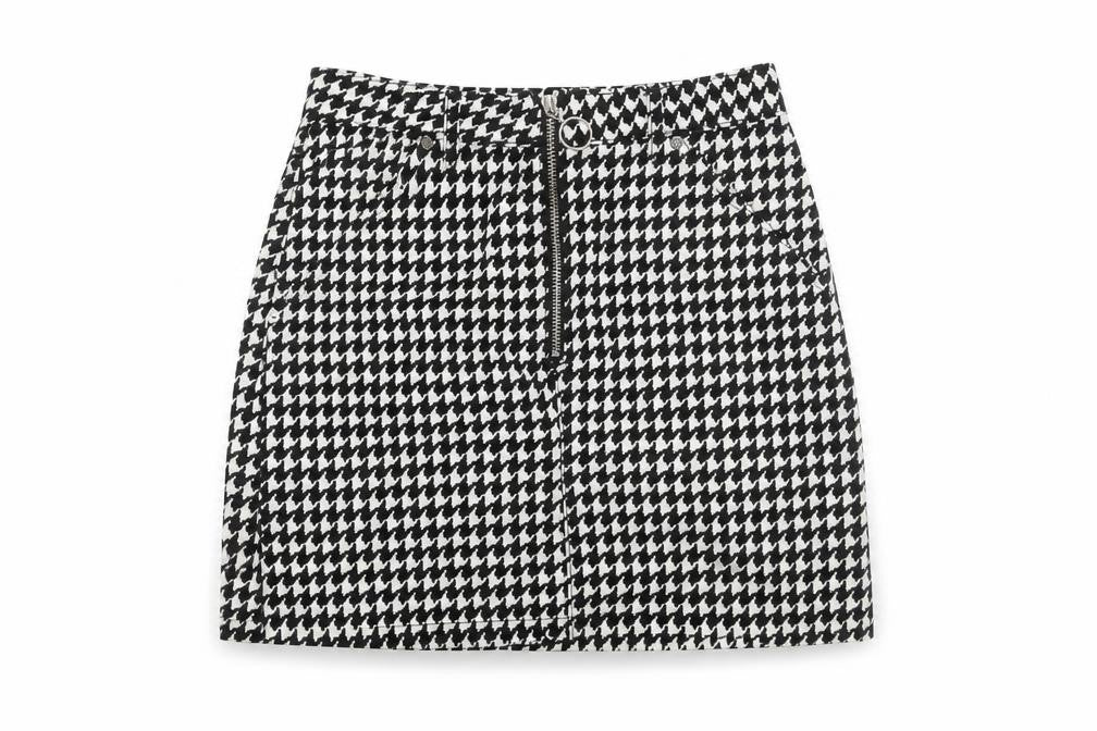 Front view of Topshop Women's Black & White Check Mini Skirt