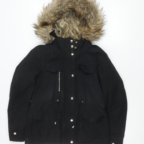 Topshop Women's Black Hooded Parka Jacket Size 10