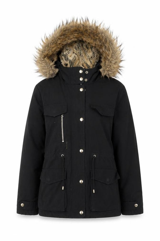 Front view of Topshop Women's Black Hooded Parka Jacket, size 10