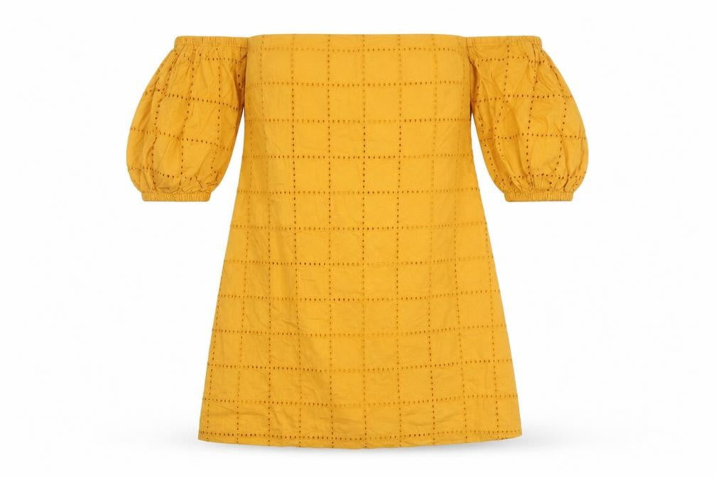 Front view of ASOS Women's Yellow Off Shoulder Dress, size 6