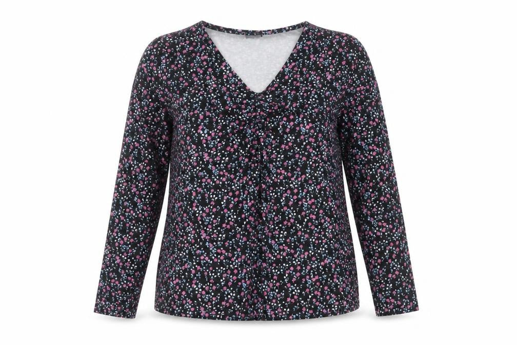 Front view of Oasis Women's Black Floral V-Neck Long Sleeve Top