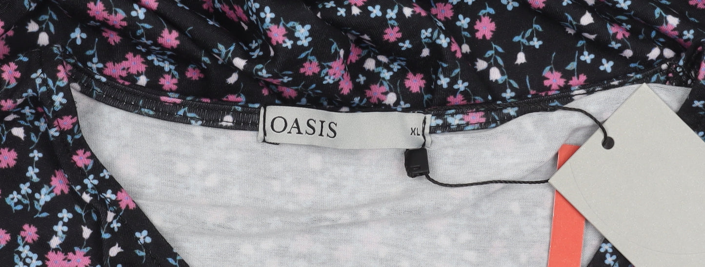 Oasis Women's Black Floral V-Neck Long Sleeve Top