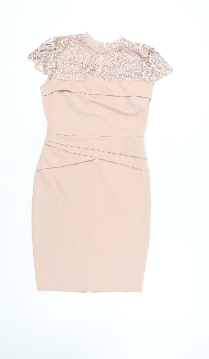Lipsy Women's Beige Lace Pencil Dress, Size 10, Perfect for Events
