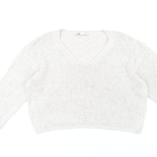 Zara Women's Beige V-Neck Chunky Knit Pullover - Size M