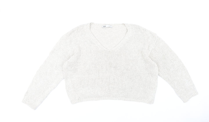 Zara Women's Beige V-Neck Chunky Knit Pullover - Size M