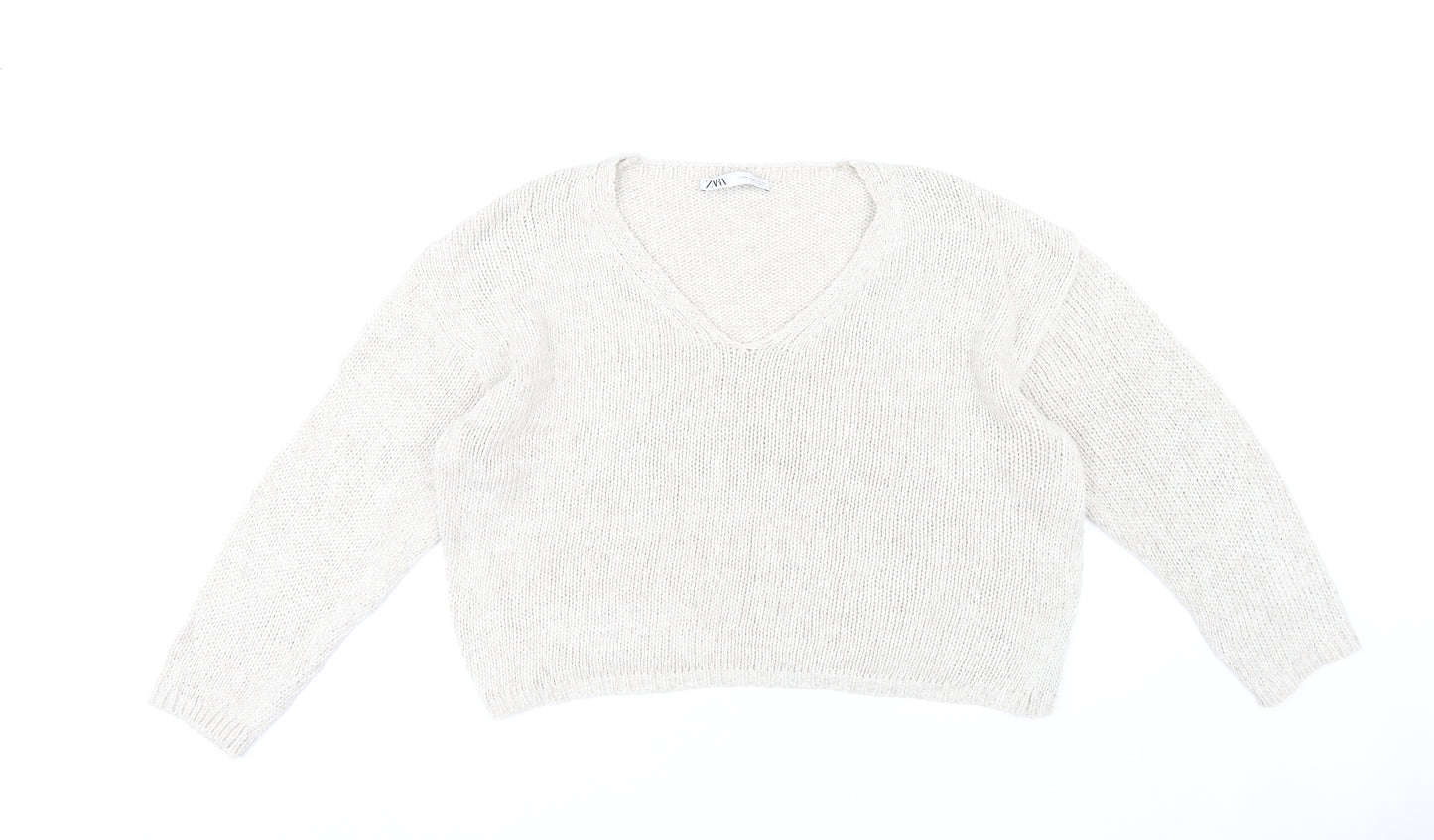 Zara Women's Beige V-Neck Chunky Knit Pullover - Size M