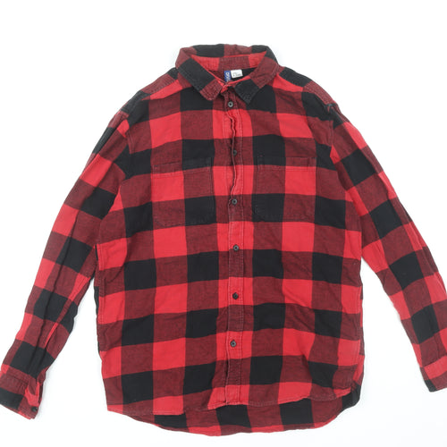 H&M Men's Red Check Button-Up Shirt, Size M, Cotton