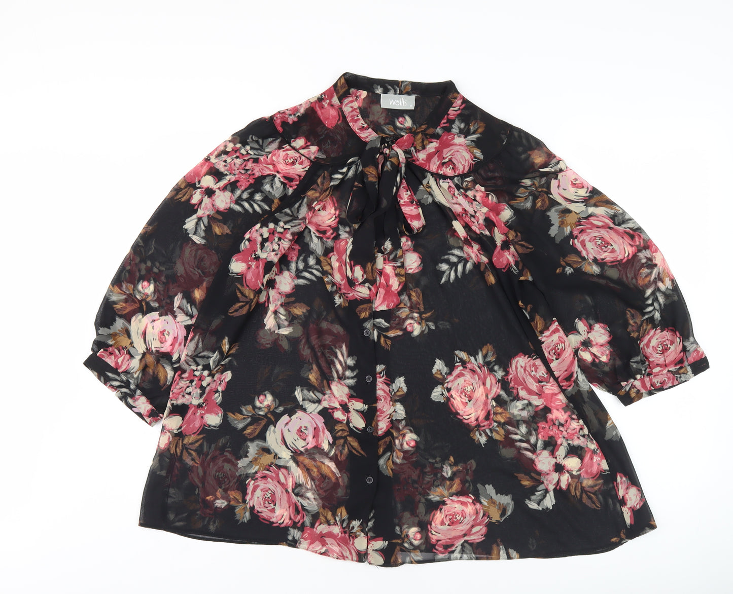 Wallis Women's Black Floral Blouse, Medium, 3/4 Sleeve